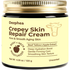 DERPHEA crepey skin repair cream tube smooths texture for daily care.