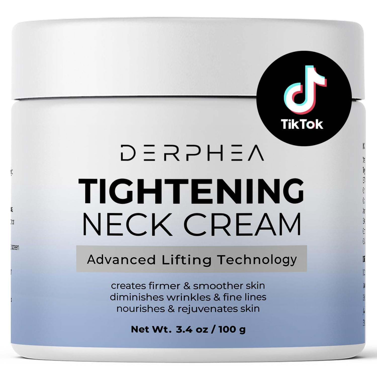 DERPHEA neck cream bottle being applied for a lifting effect.