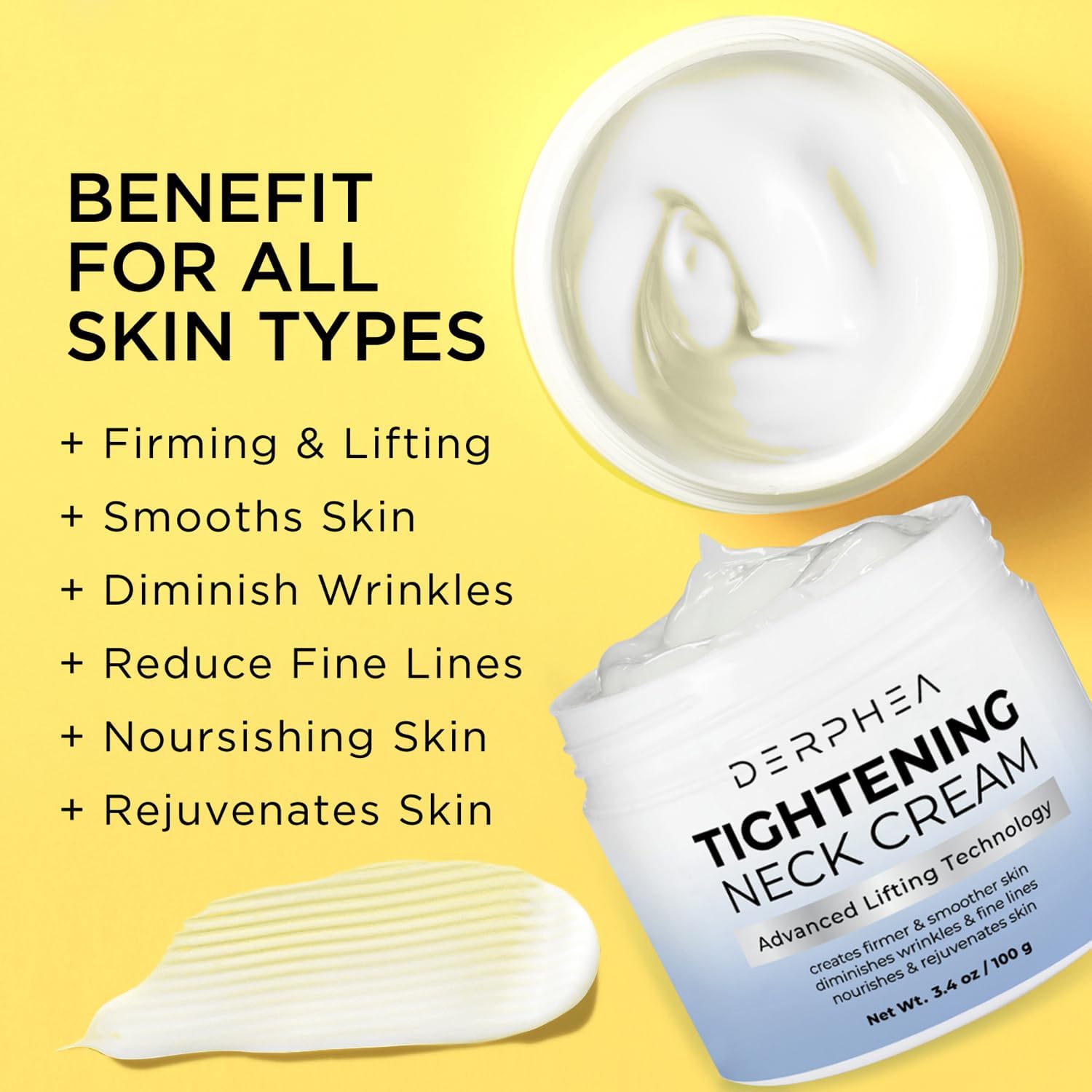 DERPHEA neck cream on décolletage area promoting firmness and hydration.
