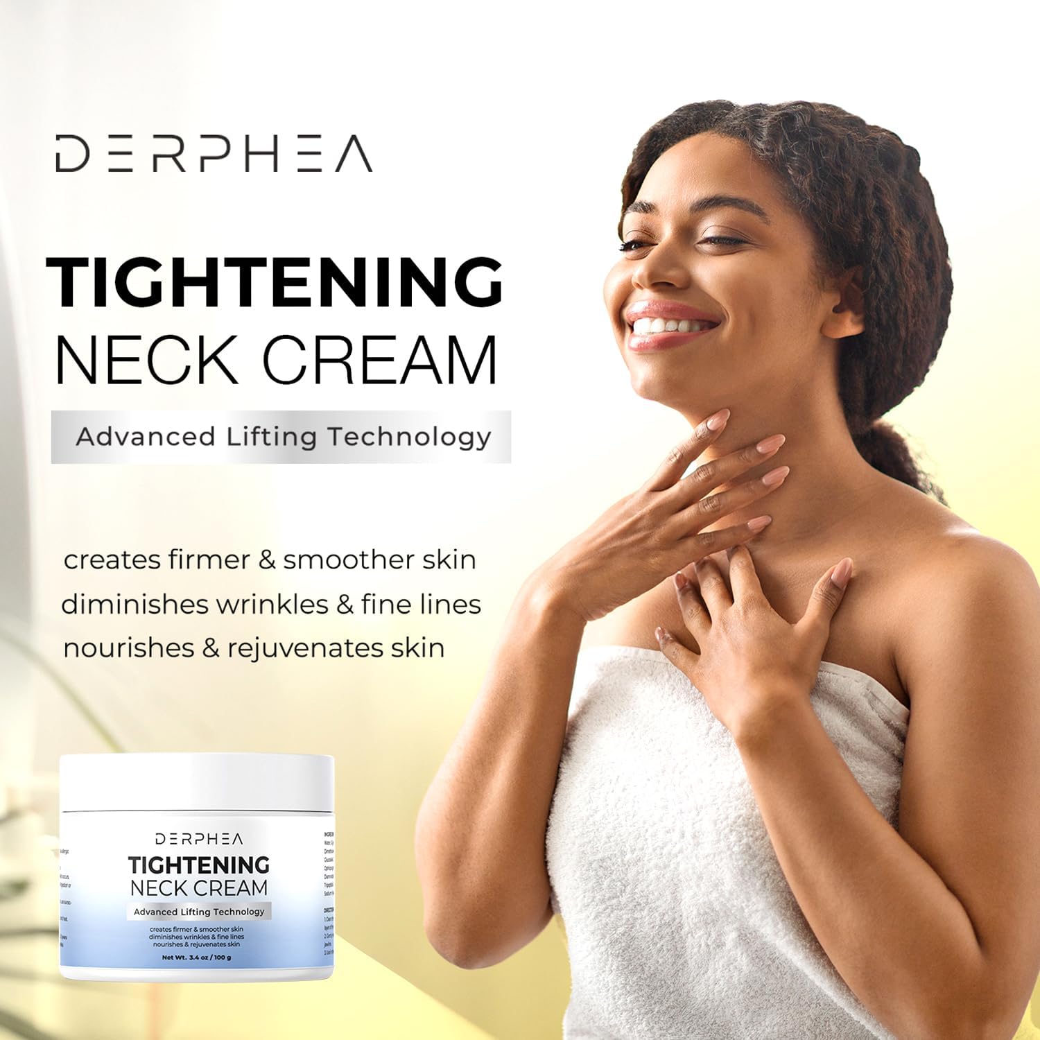 DERPHEA neck cream texture close-up highlighting hydration and smoothness.