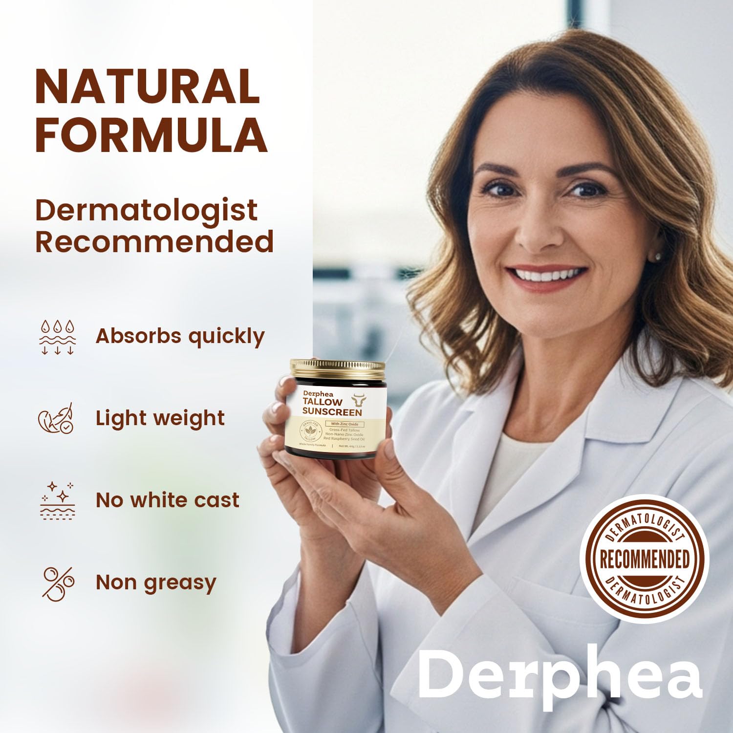 DERPHEA no white cast for a natural look on skin.