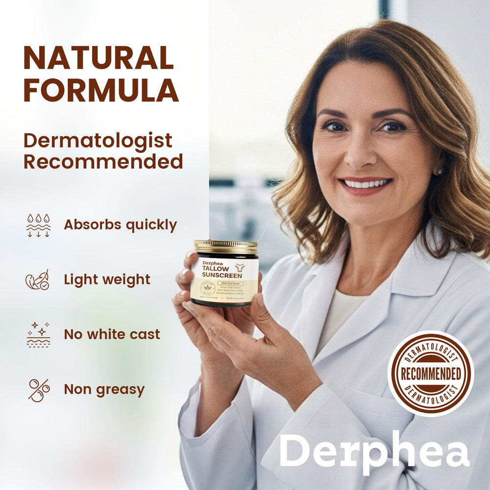 DERPHEA no white cast for a natural look on skin.