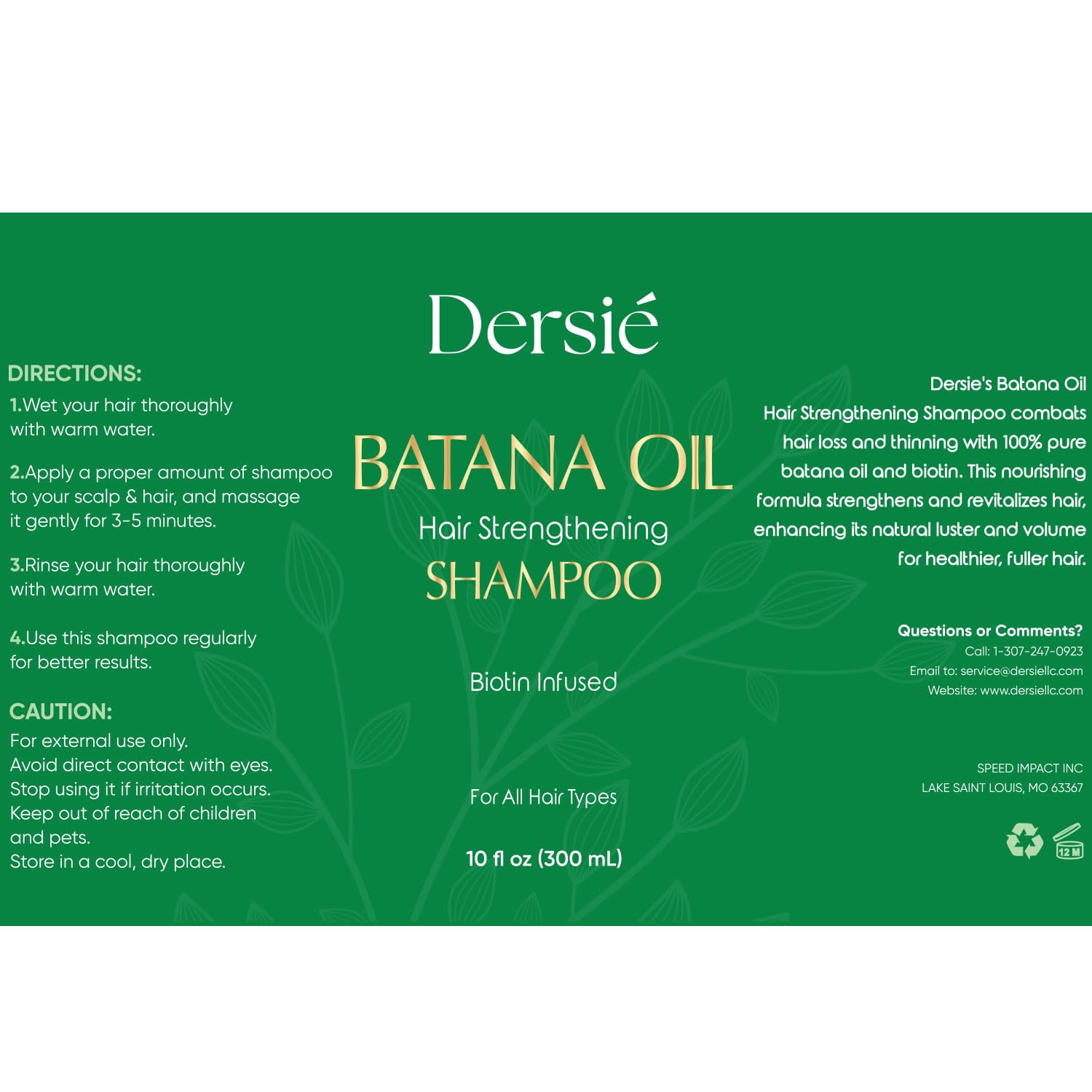 Dersie Batana Oil Shampoo bottle beside natural ingredients for all hair types