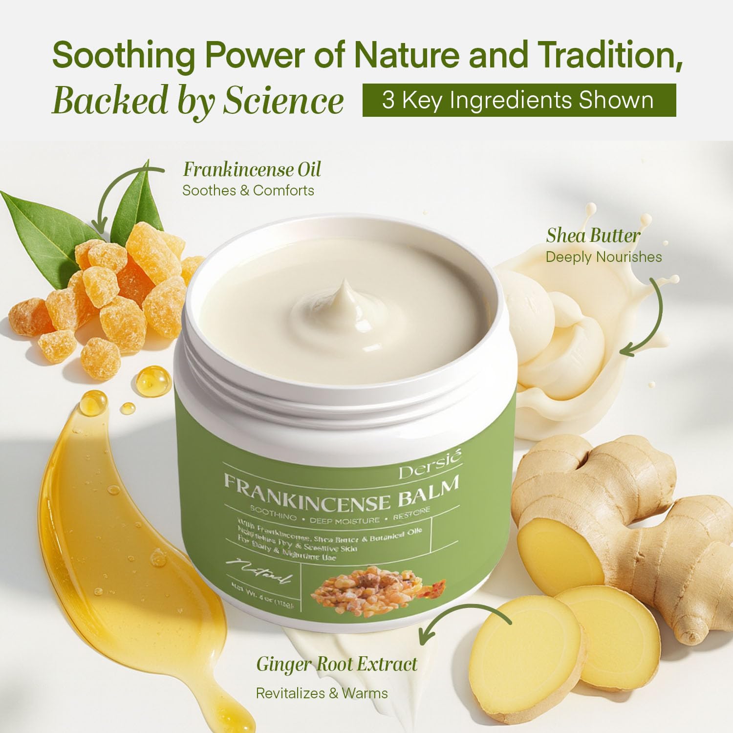 Dersie Frankincense Balm ingredients blend features frankincense, shea and coconut oils