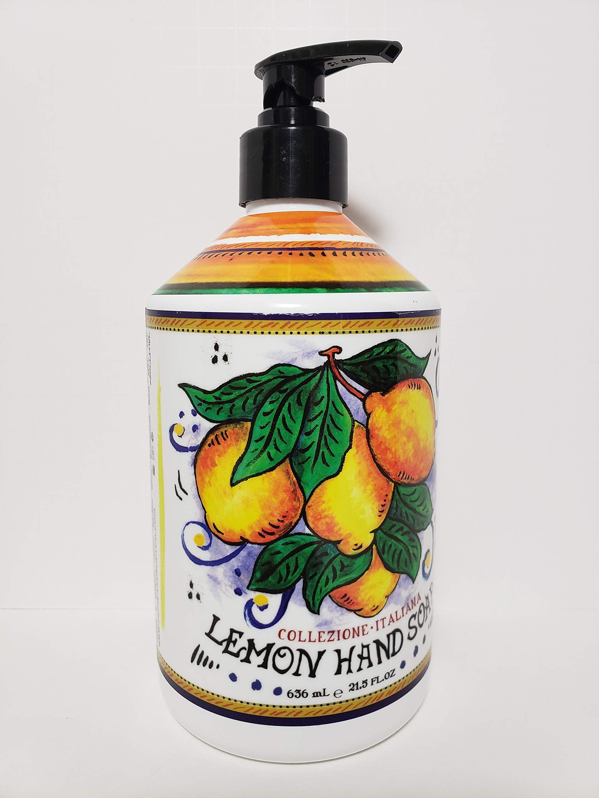 Deruta lemon hand soap bottle, Italian ceramic-inspired design, ideal for a fresh kitchen fragrance.