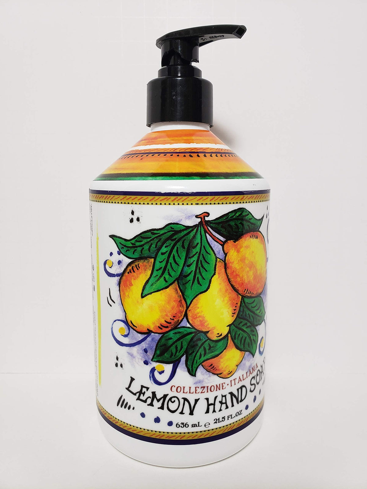 Deruta lemon hand soap bottle, Italian ceramic-inspired design, ideal for a fresh kitchen fragrance.