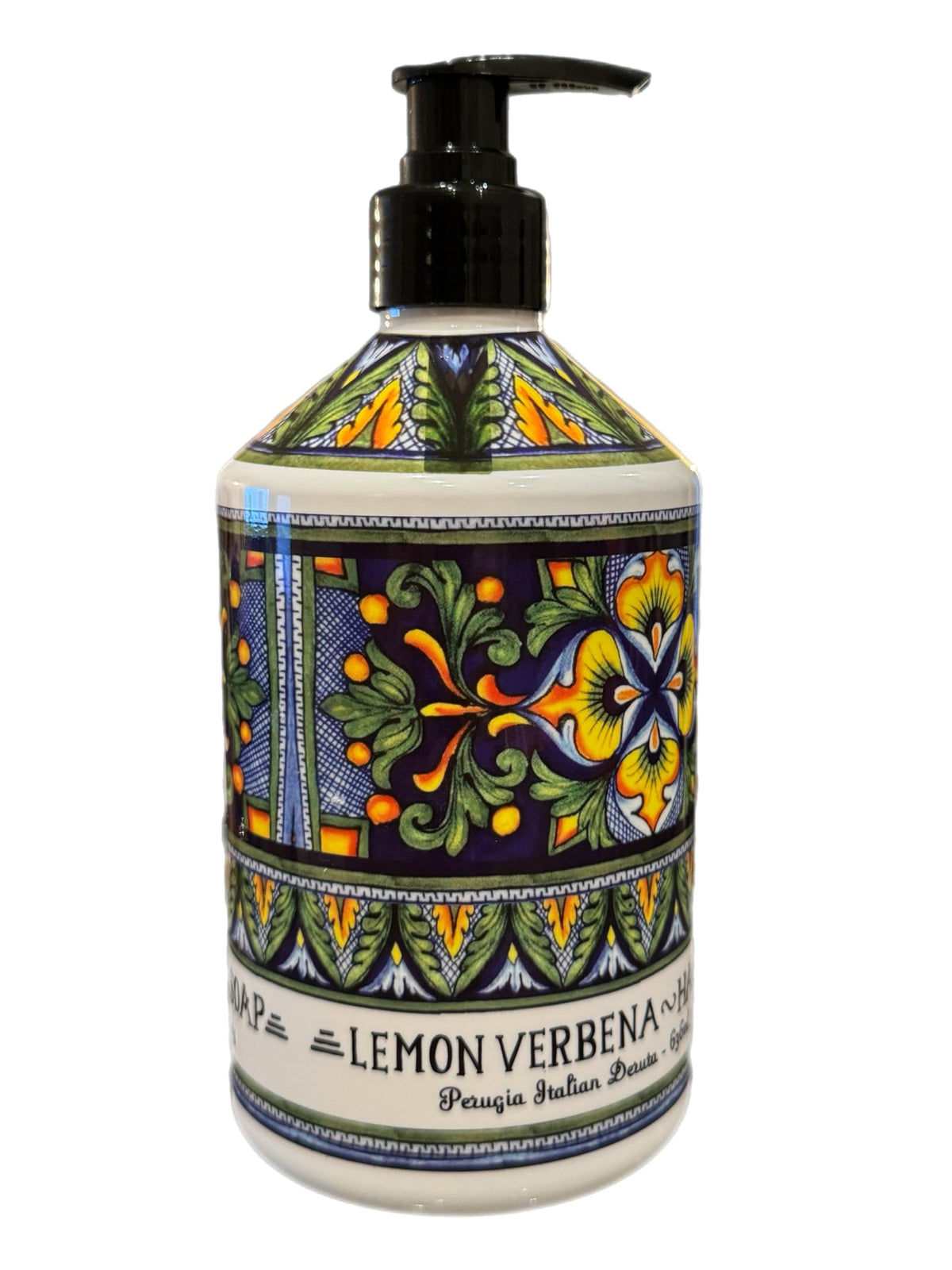 Deruta Perugia Lemon Verbena hand soap bottle, elegant ceramic-inspired design for daily kitchen or bath use.