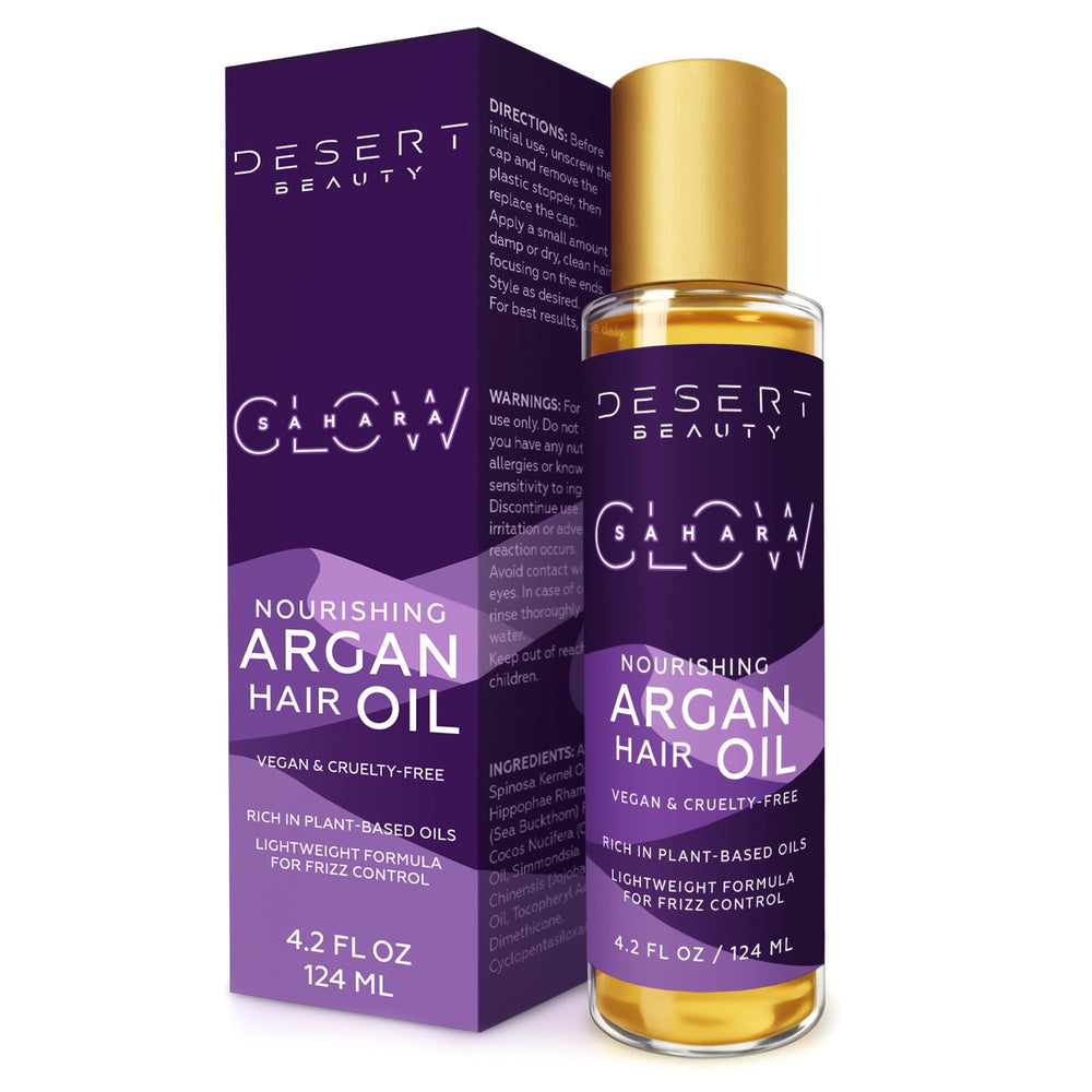Desert Beauty Argan Oil 4oz bottle showcasing premium Moroccan oil for daily conditioning.
