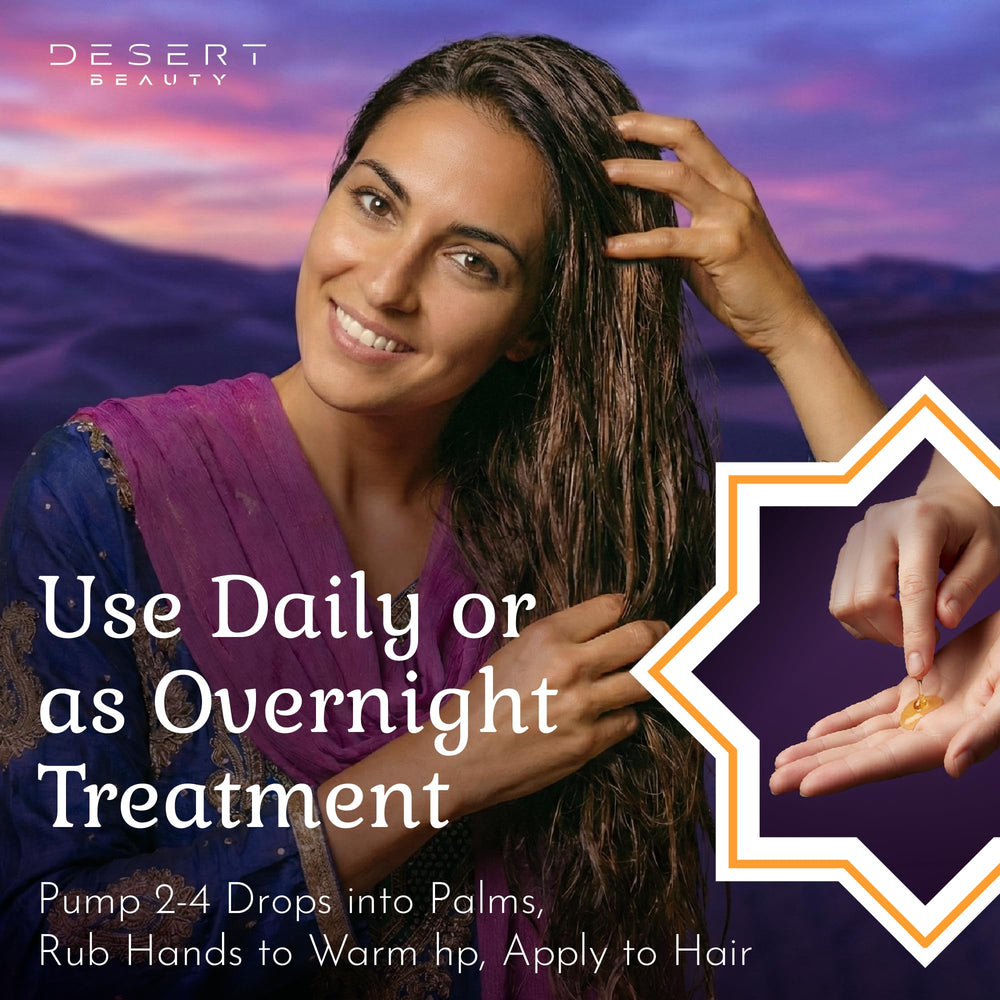 Desert Beauty Argan Oil application smooths frizz and seals ends on all hair types.