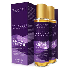 Desert Beauty Argan Oil bottle with dropper delivering lightweight hydration for dry hair.