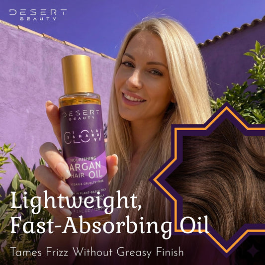 Desert Beauty Argan Oil dropper close-up highlights fast-absorbing hydration.