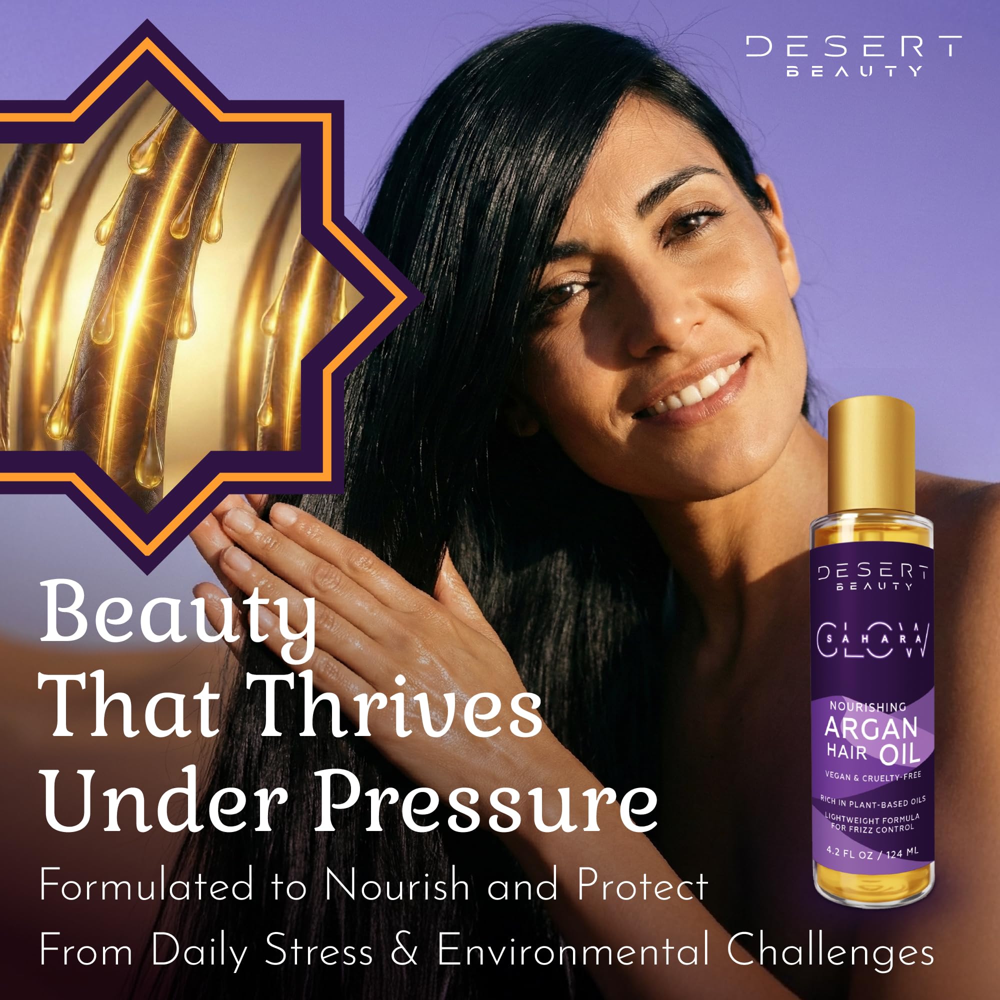 Desert Beauty Argan Oil bottle with ingredient blend emphasizes Moroccan oils and jojoba.