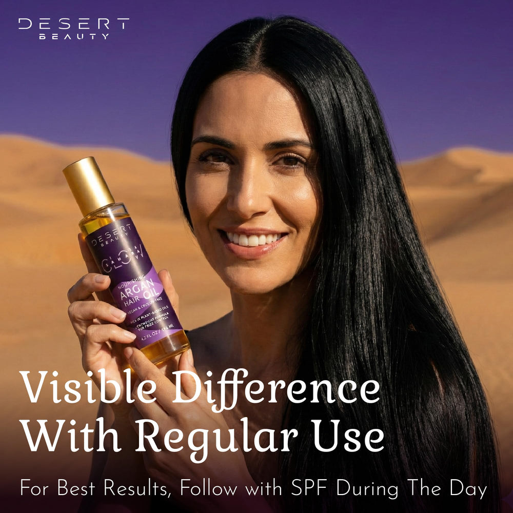 Desert Beauty Argan Oil on dry hair shows frizz control and shine.