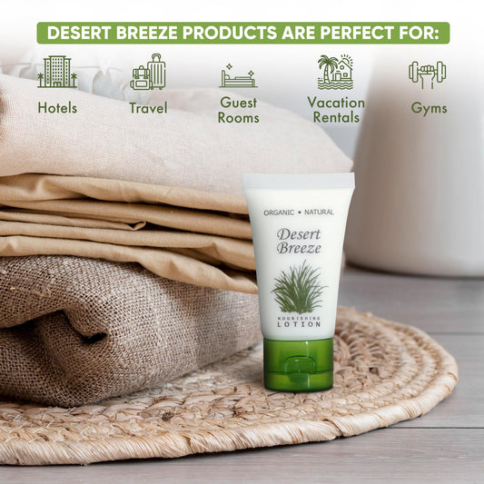 Desert Breeze hotel amenities packaging showcasing premium bulk lotion for properties.