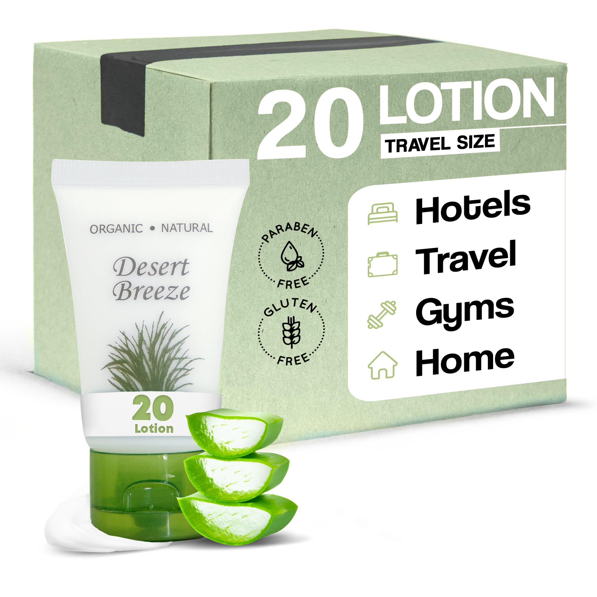 Desert Breeze travel lotion 20-count bottles for guest rooms and vacations.