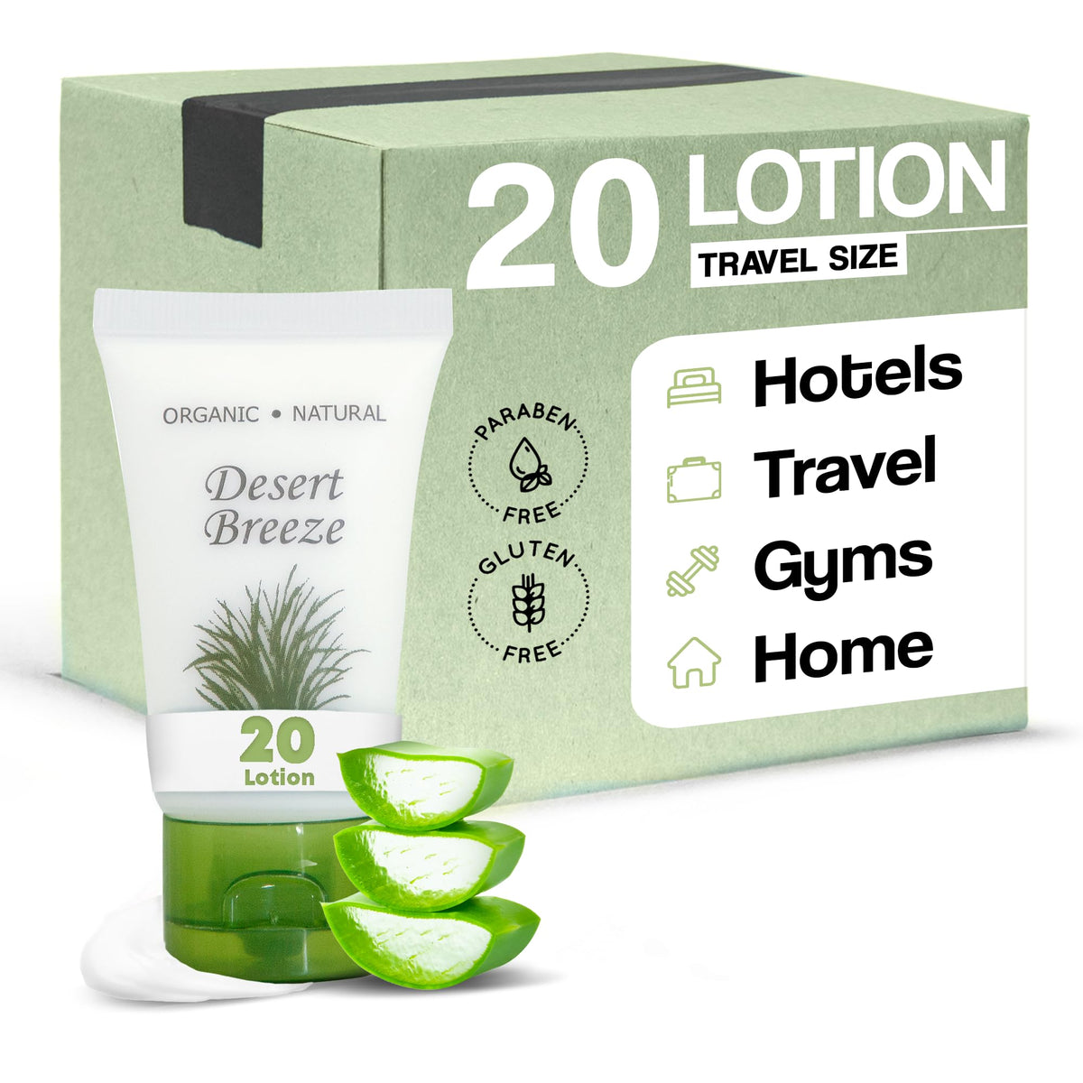 Desert Breeze travel lotion 20-count bottles for guest rooms and vacations.