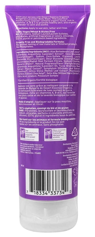 Desert Essence Bulgarian Lavender Body Wash foam provides rich lather for soothing cleansing.