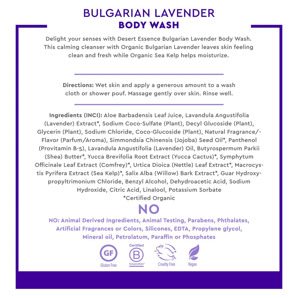 Desert Essence Bulgarian Lavender Body Wash in shower scene suggests a calming routine.