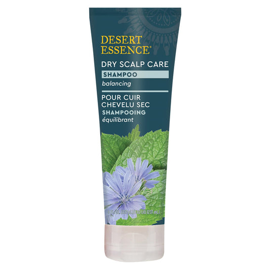 Desert Essence Dry Scalp Care Shampoo bottle demonstrates balanced cleansing for a refreshed scalp