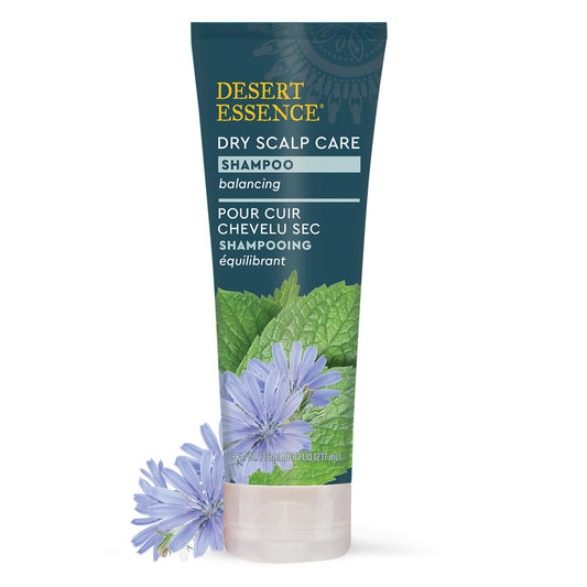 Desert Essence Dry Scalp Care Shampoo label highlights tea tree and inulin for gentle scalp care
