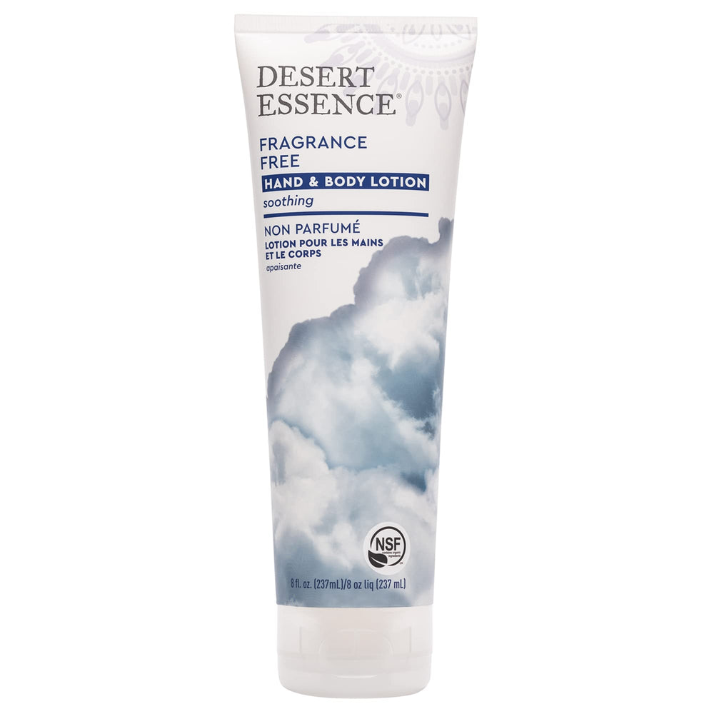 Desert Essence fragrance-free hand lotion bottle for fragrance-free skin care