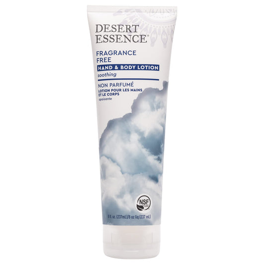 Desert Essence fragrance-free hand lotion bottle for fragrance-free skin care