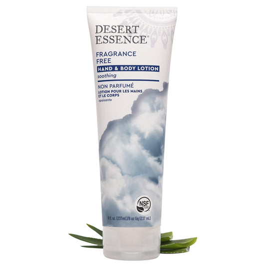 Close-up of Desert Essence fragrance-free hand lotion texture showing creamy moisture