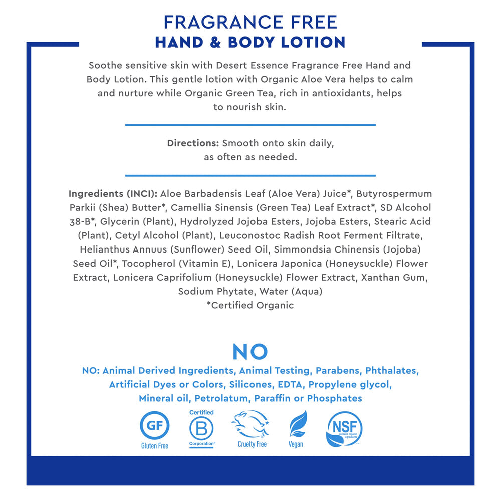 Desert Essence fragrance-free lotion with coconut oil for smooth, lightweight moisturization