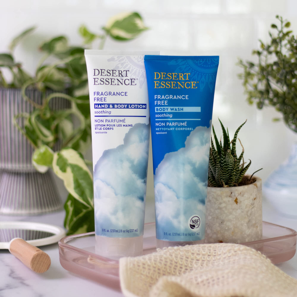 Desert Essence fragrance-free lotion packaging on shelf for easy daily routine