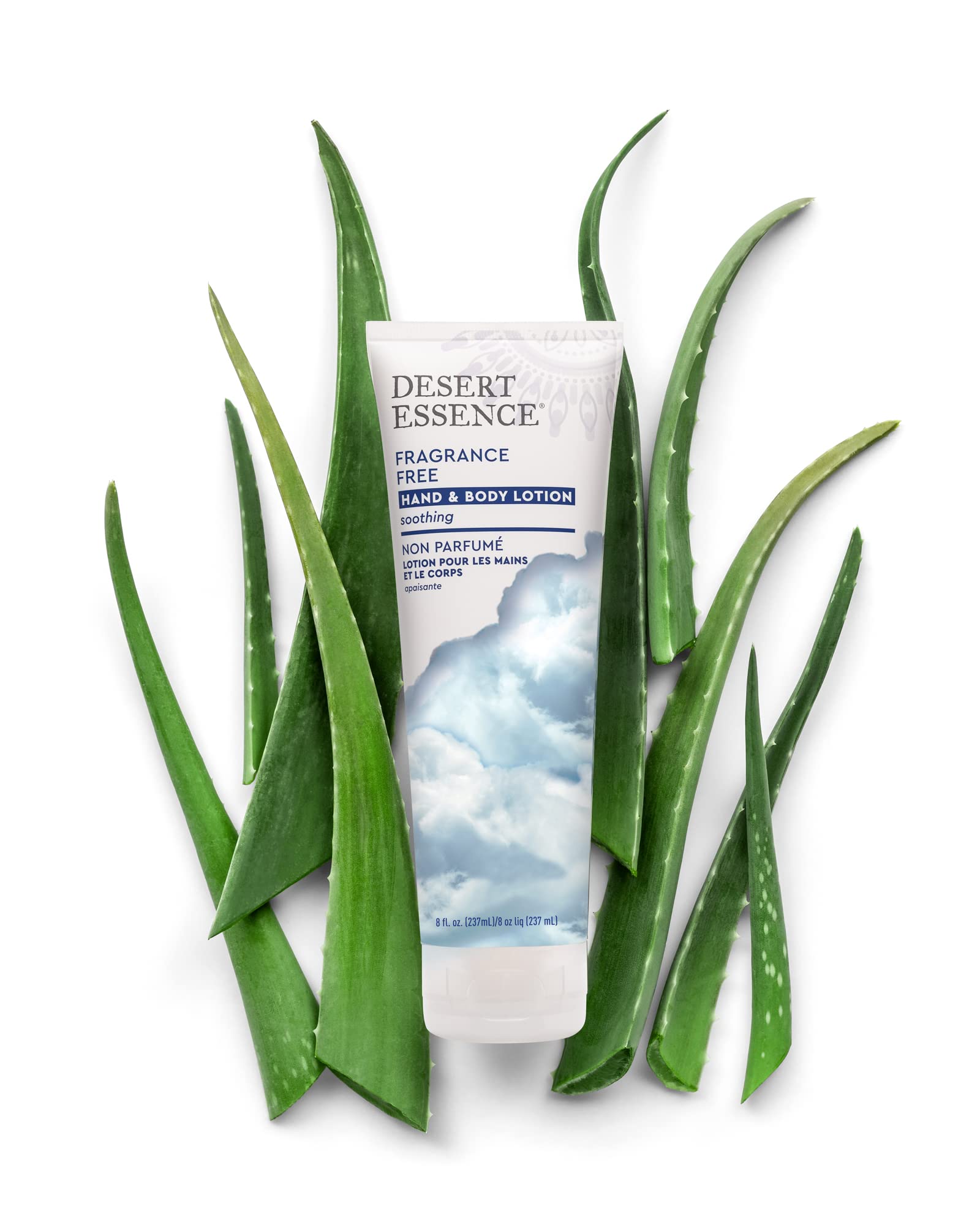 Desert Essence fragrance-free lotion vegan label indicating ethical standards
