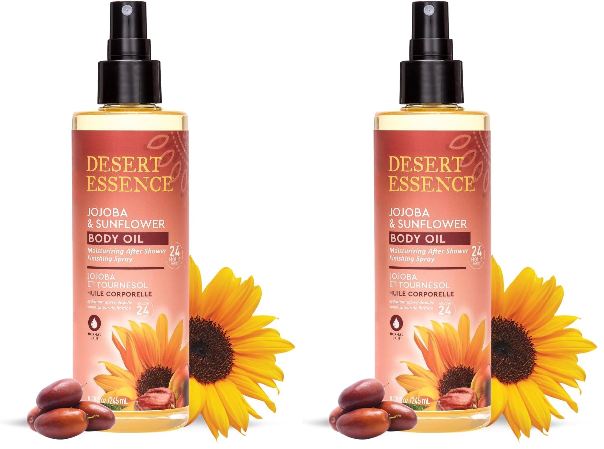 Desert Essence jojoba-sunflower body oil spray bottle delivering lightweight hydration