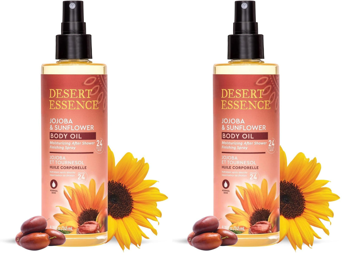 Desert Essence jojoba-sunflower body oil spray bottle delivering lightweight hydration