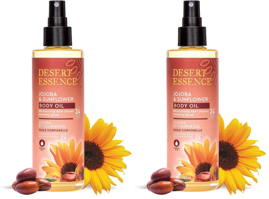 Desert Essence jojoba-sunflower body oil spray bottle delivering lightweight hydration