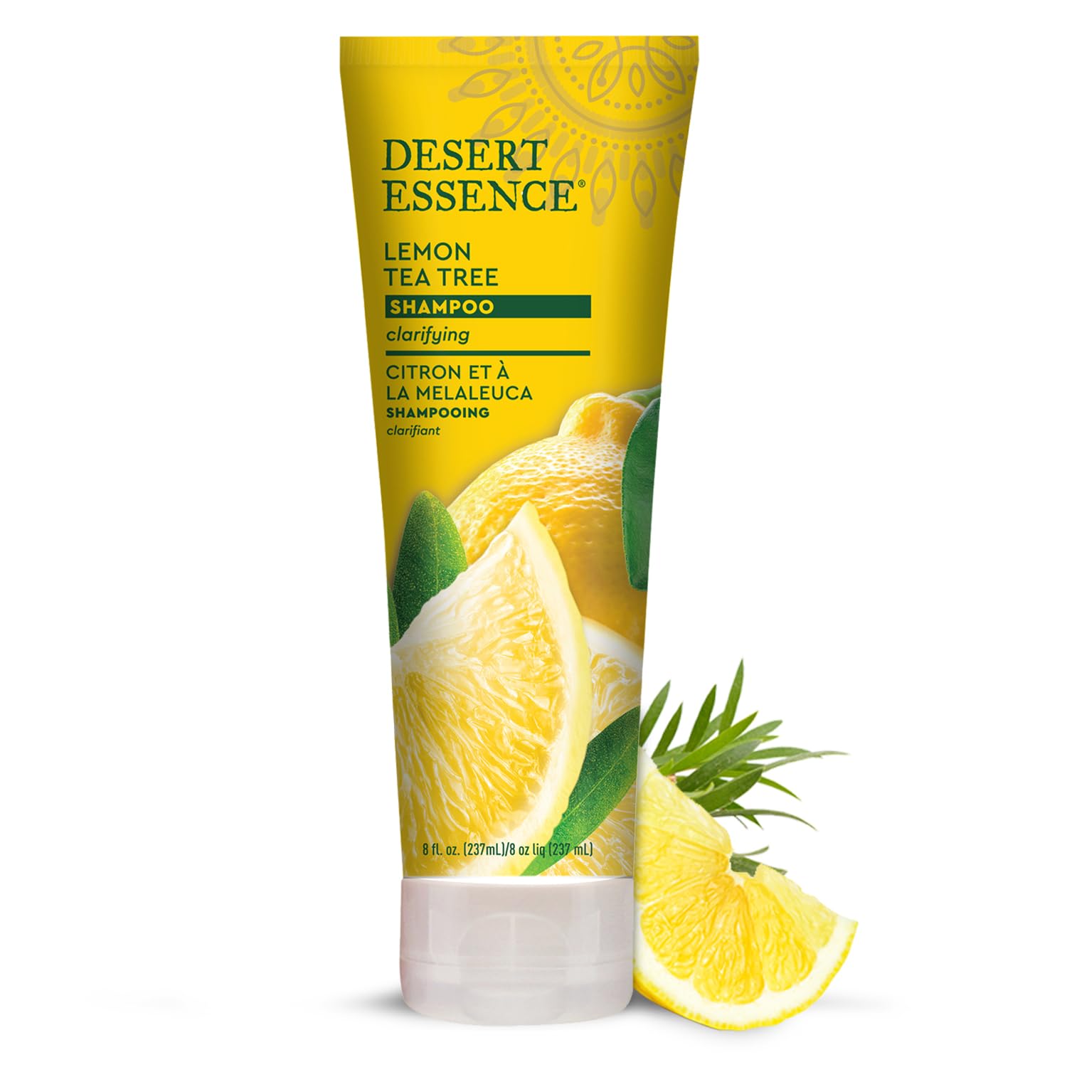 Desert Essence Lemon Tea Tree Shampoo bottle on counter offers oil-control cleansing