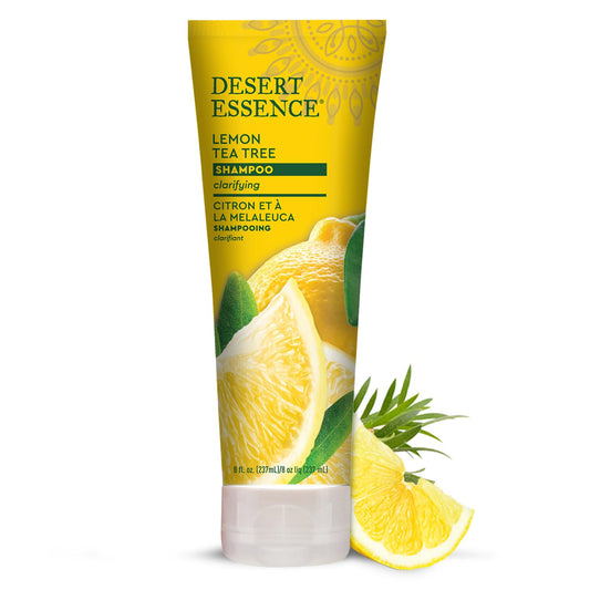 Desert Essence Lemon Tea Tree Shampoo bottle on counter offers oil-control cleansing