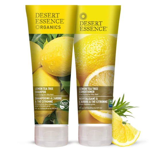 Desert Essence Lemon Tea Tree Shampoo bottle offers a clarifying cleanse for oily hair.