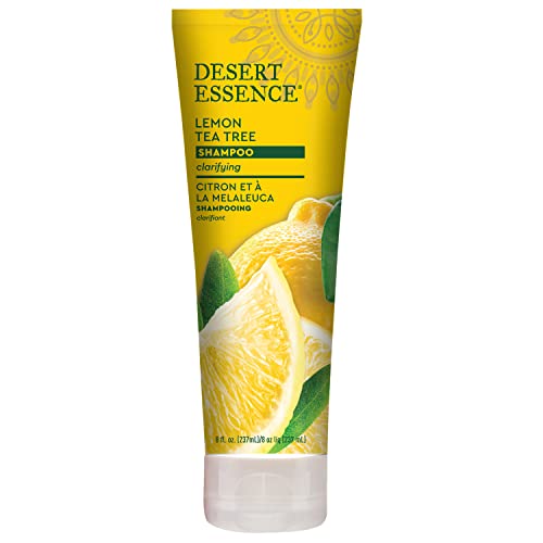 Desert Essence Lemon Tea Tree Shampoo label close-up highlights natural ingredients