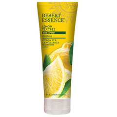 Desert Essence Lemon Tea Tree Shampoo label close-up highlights natural ingredients