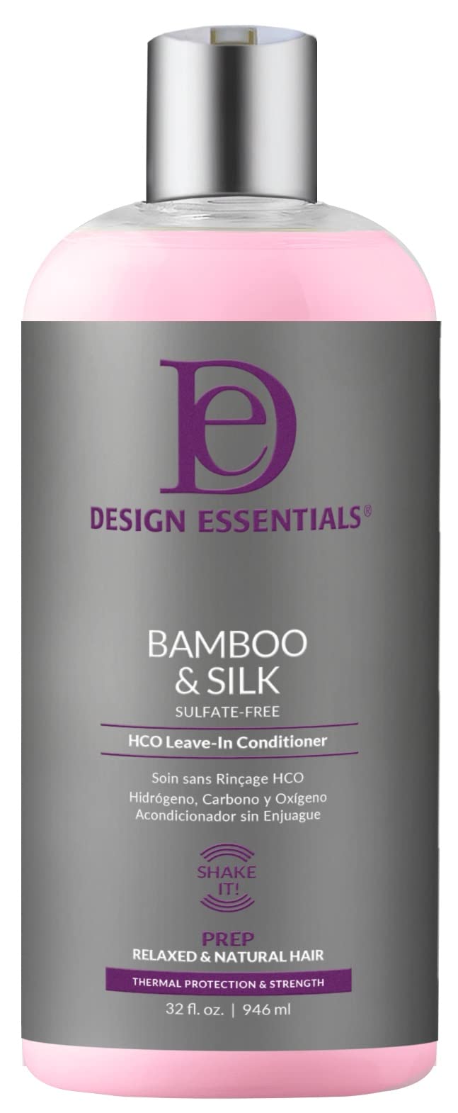 Design Essentials Bamboo & Silk HCO leave-in bottle demonstrating thermal protection and smooth styling benefits