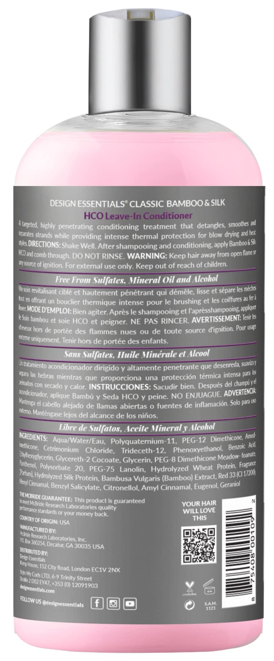 Design Essentials Bamboo & Silk HCO leave-in bottle label highlighting bamboo extract and silk amino acids for smoother manageability