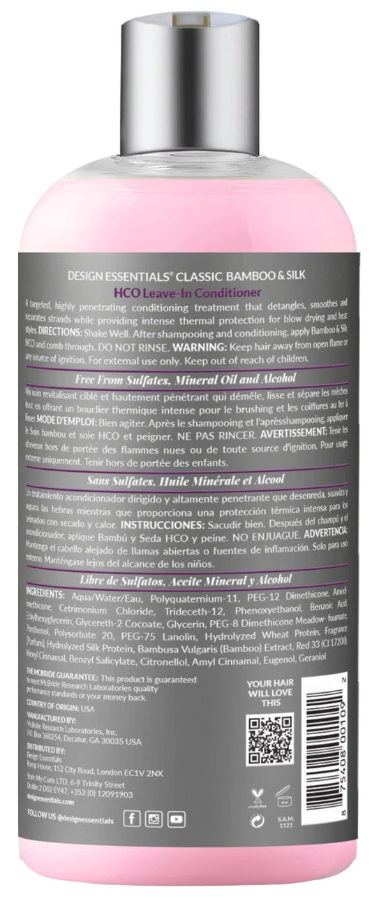 Design Essentials Bamboo & Silk HCO leave-in bottle label highlighting bamboo extract and silk amino acids for smoother manageability