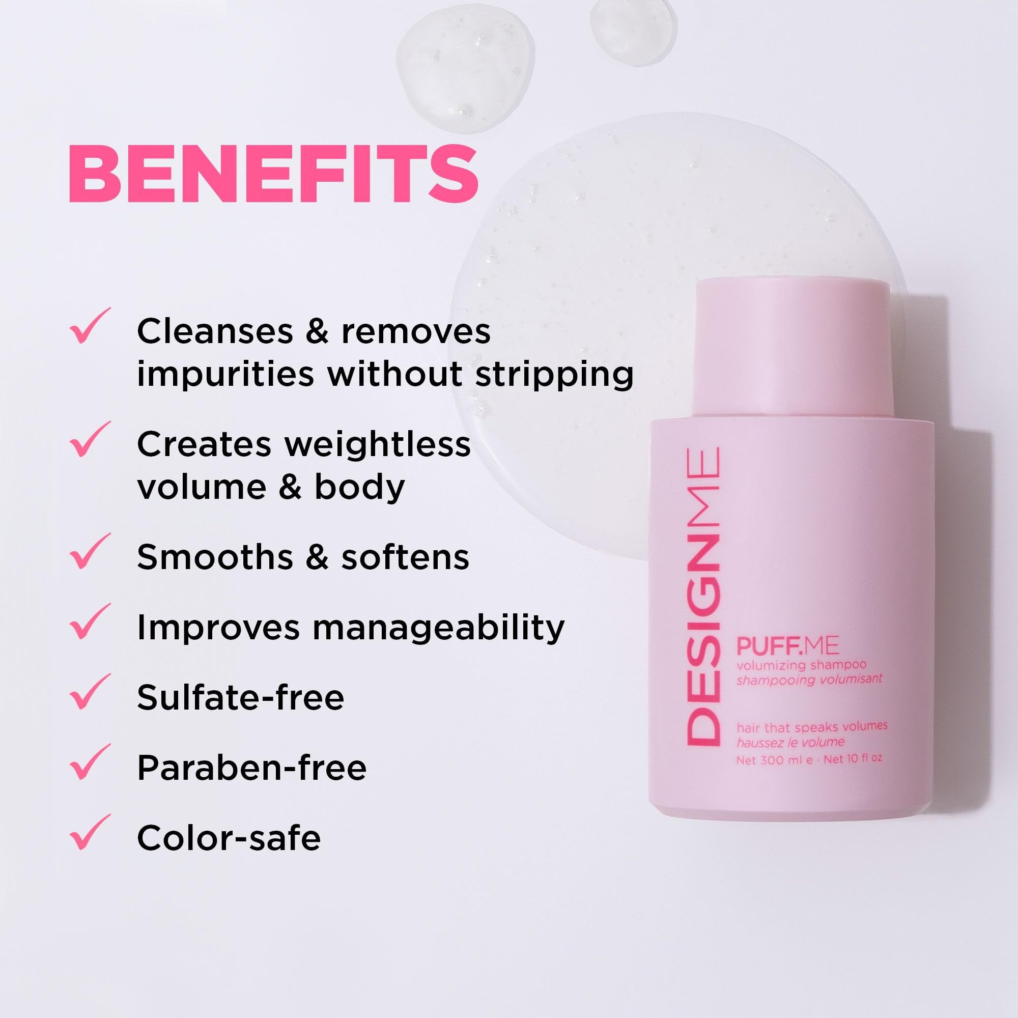 Close-up of Design.Me Puff.Me foamy lather, gentle cleansing without weighing hair.