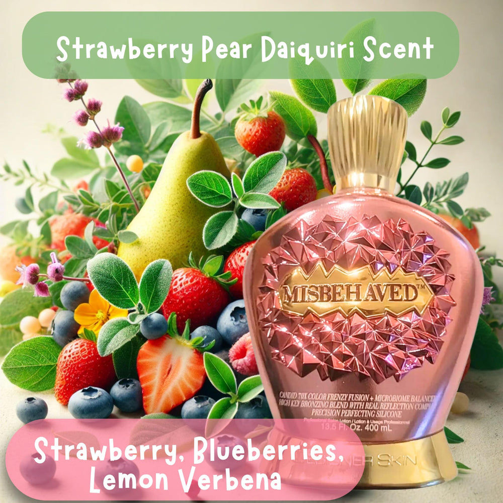 Designer Skin Misbehaved fragrance Strawberry Pear Daiquiri evokes a fresh tanning mood