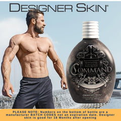 Designer Skin Command tanning lotion bottle back label highlights ingredients and directions.