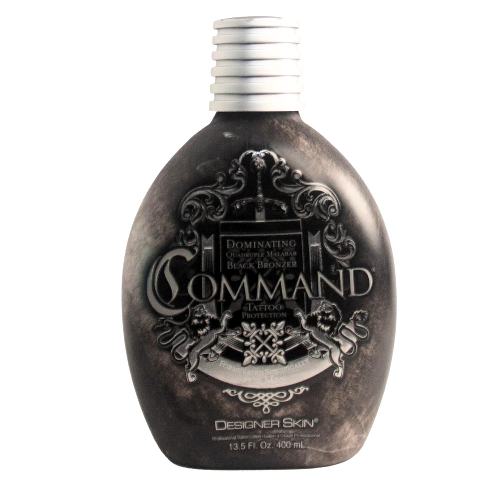 Designer Skin Command tanning lotion bottle front shows sleek design for easy application.