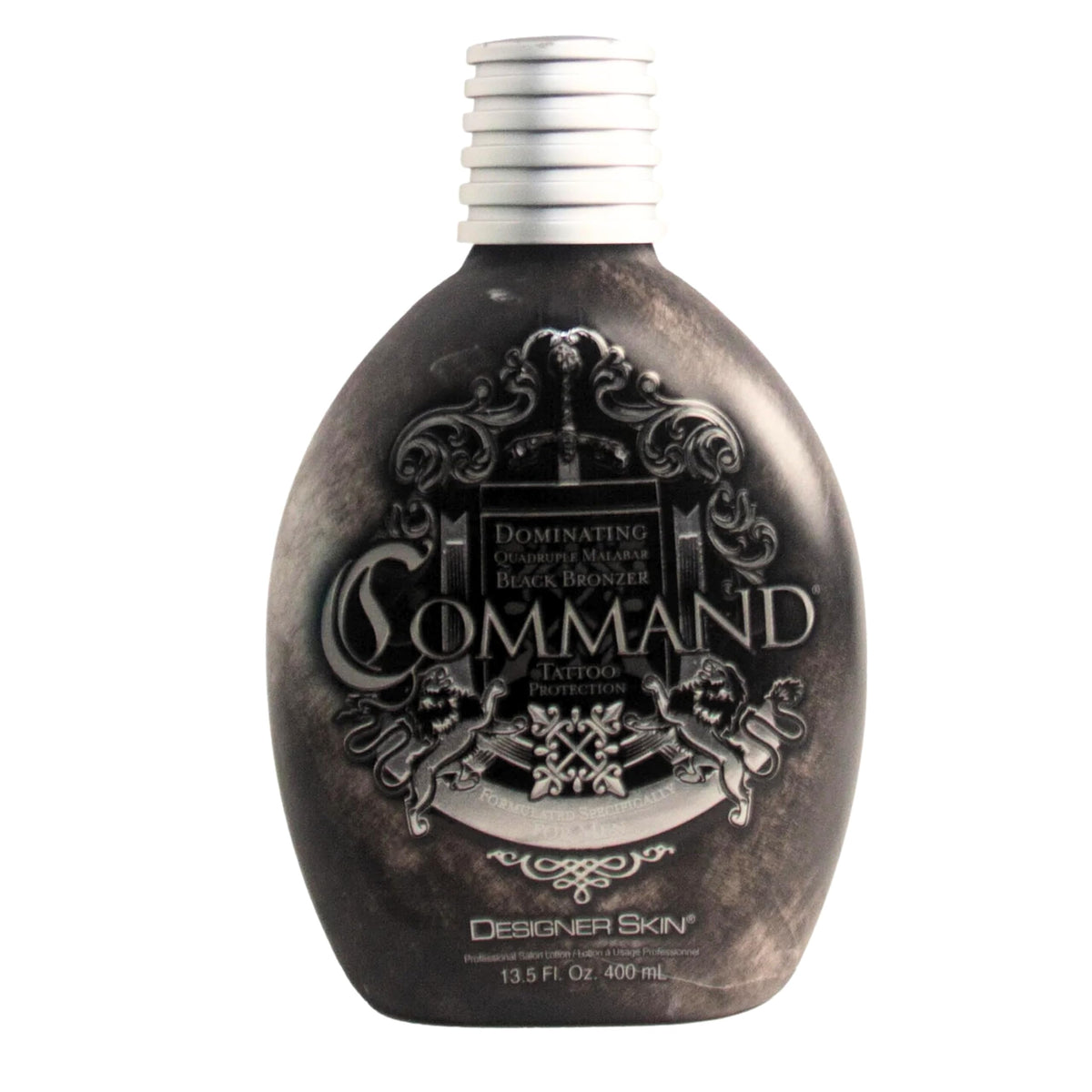 Designer Skin Command tanning lotion bottle front shows sleek design for easy application.