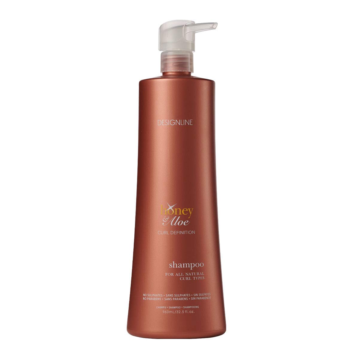 DESIGNLINE Honey & Aloe Shampoo bottle pour shows nourishing formula for defined curls