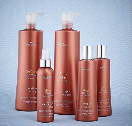DESIGNLINE Honey & Aloe Shampoo label closeup highlights honey and aloe ingredients for frizz control