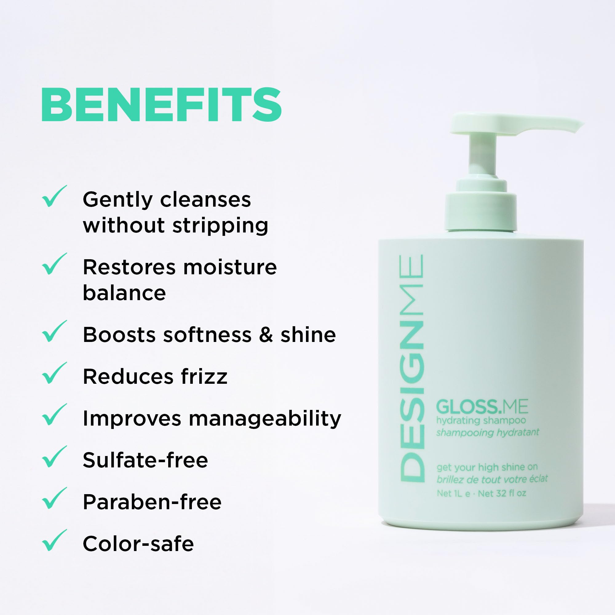 Design.Me GLOSS.ME Hydrating Shampoo bottle back label highlighting color-safe care