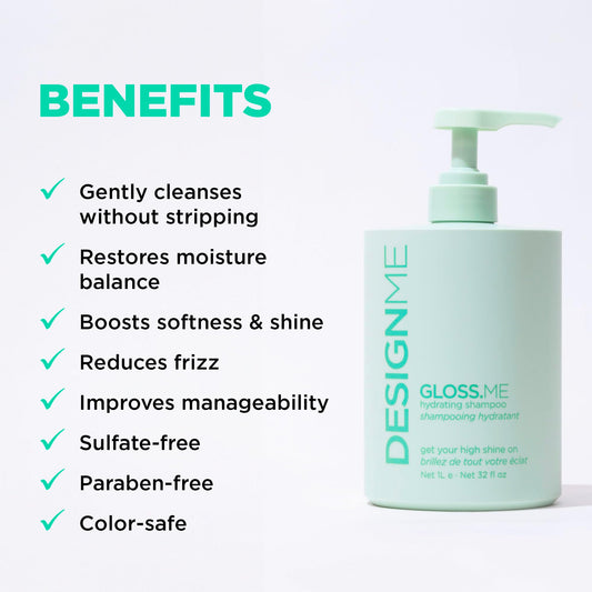 Design.Me GLOSS.ME Hydrating Shampoo bottle back label highlighting color-safe care